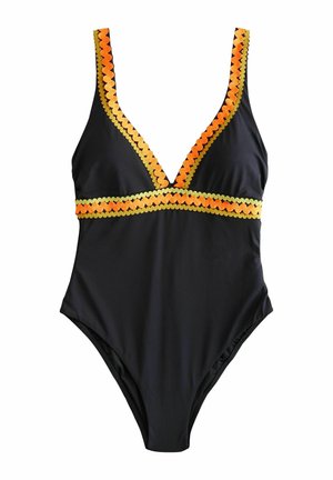 Svartbaddräkt i en del med djup V-urringning, med orange och gula vågformade kanter runt uringningen och midjan. Mjuk textur, elegant design.