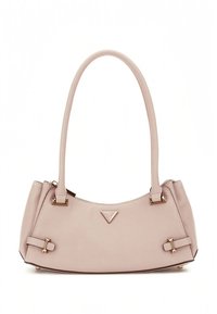 Sac à main en cuir rose avec une silhouette courbe, deux anses d'épaule, des éléments métalliques dorés et une texture subtile. Présente un détail de logo à l'avant.