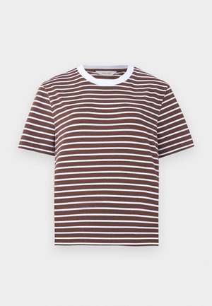 Καφέ και λευκό κοντομάνικο μπλουζάκι με οριζόντιες ρίγες και λευκή στρογγυλή λαιμόκοψη.