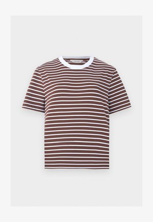 Καφέ και λευκό κοντομάνικο μπλουζάκι με οριζόντιες ρίγες και λευκή στρογγυλή λαιμόκοψη.