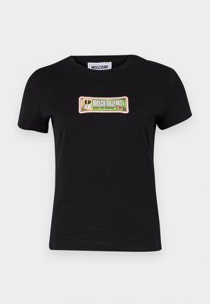 Black cotton t-shirt with a round neckline and short sleeves, featuring a colorful graphic print that resembles a snack wrapper.