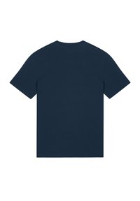 Marineblaues T-Shirt mit kurzen Ärmeln, rundem Ausschnitt und glatter Textur. Rückansicht ohne Merkmale, keine Muster oder Akzente.