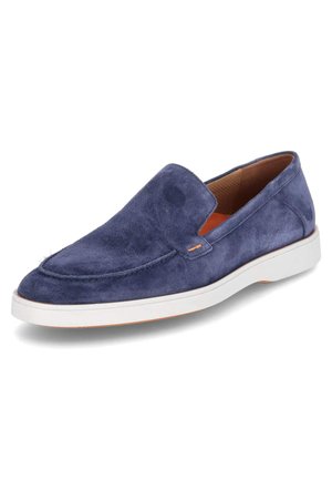 Marineblaue Wildlederschlupfschuhe mit einer weißen Gummisohle. Verfügt über eine glatte Textur und minimale Nahtdetails an der Oberseite.