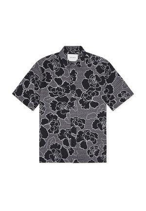 Πουκάμισο με κοντά μανίκια και κουμπιά, σε μαύρο και λευκό φλοράλ σχέδιο με ριγέ φόντο, με γιακά και ίσια τελείωμα.