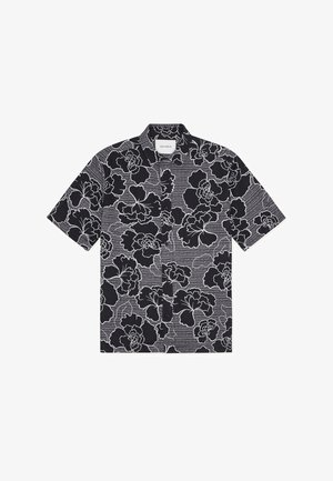 Cămașă cu mâneci scurte, cu nasturi, în model floral alb-negru, cu un fundal în dungi, având guler și tiv drept.