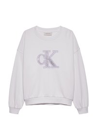 Biela mikina so zaobleným výstrihom a dlhými rukávmi. Na prednej strane má purpurový trblietavý logo "CK". Mäkký bavlnený materiál, rebrované manžety.