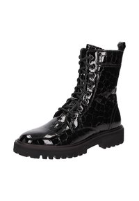 Botte de combat en cuir verni noir avec un motif crocodile texturé, design à lacets et épaisse semelle en caoutchouc pour une traction optimale.