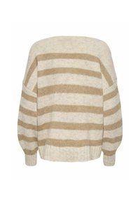 Svetr s odhalenými rameny v béžové barvě s světle hnědými pruhy. Obsahuje pružné manžety a lem, měkkou texturu a nadměrný siluetu.