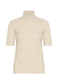 Beige ribbet striktrøje med korte ærmer og høj krave, i en afslappet pasform med fine lodrette linjer.