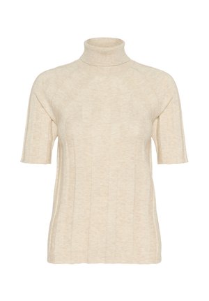 Beżowy sweter z krótkim rękawem i golfem, z luźnym krojem oraz delikatnymi pionowymi liniami.