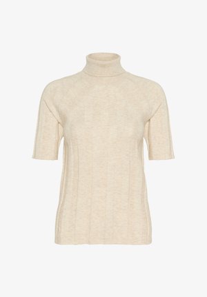 Beżowy sweter z krótkim rękawem i golfem, z luźnym krojem oraz delikatnymi pionowymi liniami.