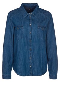 Camicia di jeans, colore blu scuro, maniche lunghe, colletto, chiusura a bottoni frontale, due tasche sul petto con pattina e bottoni in metallo. Texture liscia.