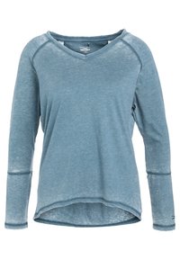 Jasnoniebieska koszula z długim rękawem i dekoltem w serek, o luźnym kroju, z zaokr�ąglonym dołem i ściągaczami na mankietach. Wykonana z miękkiej, teksturowanej tkaniny.