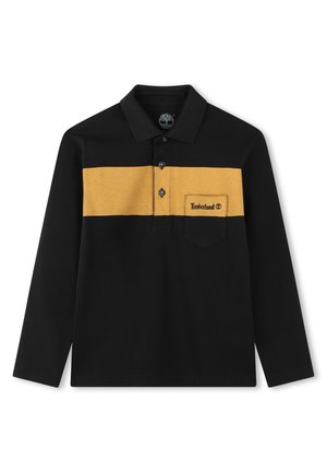 Polo a maniche lunghe nero con una striscia orizzontale gialla. Presenta un colletto con bottoni e una tasca sul petto con il marchio Timberland.