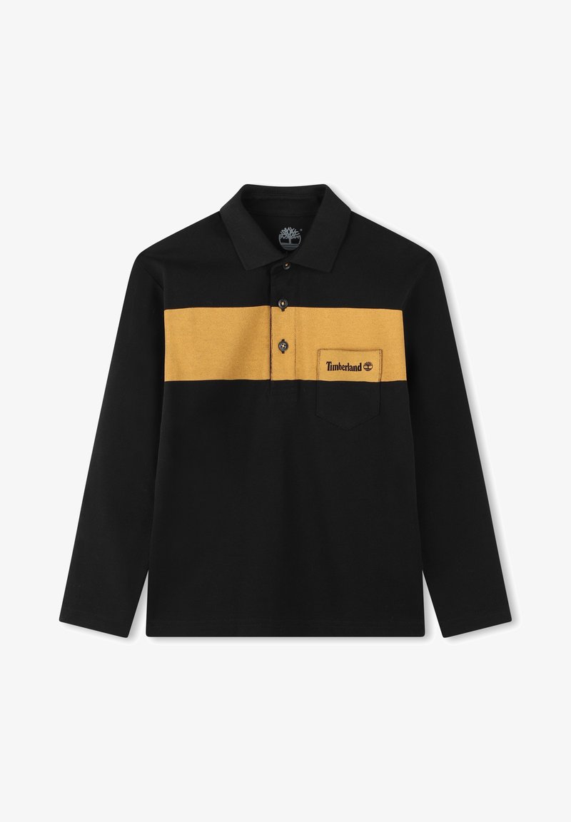 Polo noir à manches longues avec une bande horizontale jaune. Présente un col à boutons et une poche poitrine avec un logo Timberland.