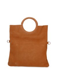 Borsa tote in suede marrone con manico circolare, forma piatta e dettagli di hardware laterali. Texture liscia con design minimalista.