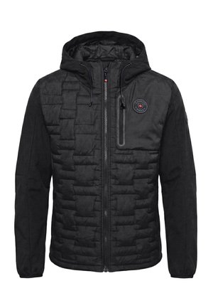 Black padded jacket with a hood, front zipper, and side pockets. Features a circular logo on the chest and textured panels on the front.