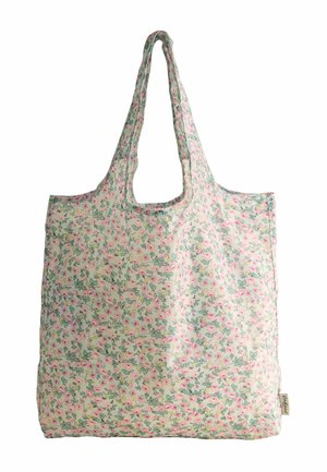 Reusable shopping bag with pink and yellow floral pattern on light background, featuring two long handles for carrying.