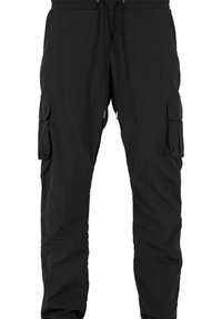 Black cargo pants made of lightweight fabric, featuring an elastic waistband with drawstring, multiple side pockets, and a tapered fit.
