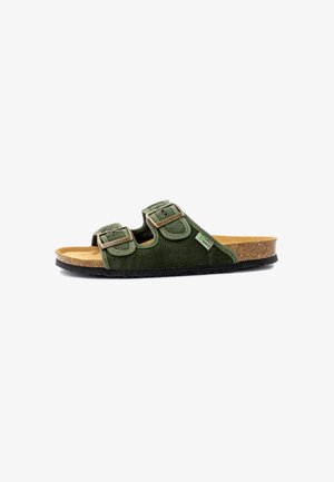 Green fabric sandal with two adjustable straps, cork footbed, and textured black rubber sole. Features metal buckles and logo patch.