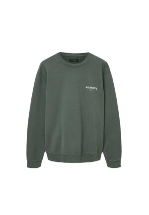Olivgrüner Pullover aus Baumwollmischung, mit Rundhalsausschnitt, langen Ärmeln, gerippten Bündchen und einem kleinen weißen "ALLSAINTS"-Logo auf der Brust.