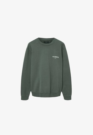 Oliivinvihreä puuvillasekoitekangasta oleva collegepaita, jossa on pyöreä pääntie, pitkät hihat, ribbidit hihansuut ja pieni valkoinen "ALLSAINTS"-logo rinnassa.