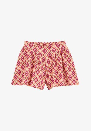 Barvni šorts s diamantskim vzorcem v roza, oranžni in smetanasti barvi, z nabranim pasom in nabranim dizajnom.