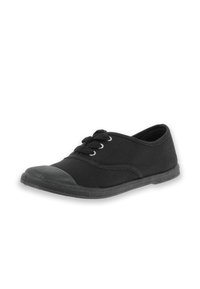 Scarpa in tela nera con punta arrotondata, punta in gomma, lacci piatti e suola bassa. Design semplice senza pattern o accenti visibili.