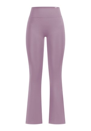 Lilafarbene weite Leggings aus glattem, elastischem Stoff mit hoher Taille. Verfügt über ein klares Design ohne sichtbare Nähte oder Hardware-Akzente.