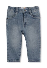 Pantaloni in denim blu chiaro con un classico design a cinque tasche, dotati di chiusura con cerniera, passanti per cintura e leggera scoloritura per un effetto usurato.