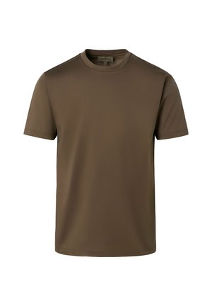 Effen bruin T-shirt met korte mouwen en ronde hals, gemaakt van gladde stof, getoond op een witte achtergrond.