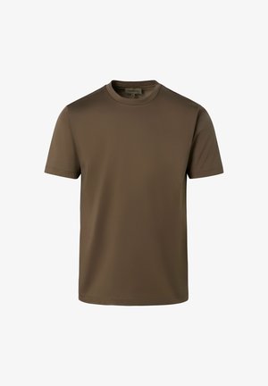 Effen bruin T-shirt met korte mouwen en ronde hals, gemaakt van gladde stof, getoond op een witte achtergrond.