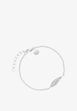 Silbernes Kettenarmband mit einem blattförmigen Akzent und klaren Kristallen. Verstellbare Länge mit Verschluss und kleinem Logoschild.
