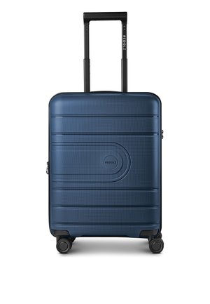Valise rigide bleue avec quatre roues et une poignée télescopique noire étendue, nom de la marque "REDOLZ" au centre avant et sur la poignée.