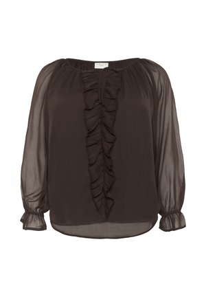 Dark brown sheer blouse with long puff sleeves, ruffle detail down the center, and gathered cuffs.