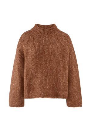 Maglione marrone, lavorato a maglia, con un alto colletto a costine, spalle scese e una vestibilità rilassata. Motivo testurizzato con un aspetto morbido e robusto.
