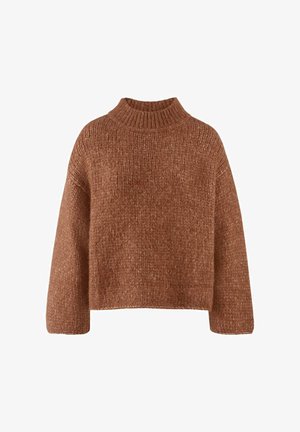 Bruine, gebreide trui met een hoge, geribbelde halslijn, verlaagde schouders en een ontspannen pasvorm. Getextureerd patroon met een zachte, dikke uitstraling.