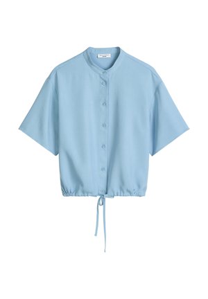 Chemise courte à manches courtes bleu clair avec col mandarin et ourlet à cordon ajustable.