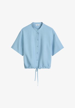 Lichtblauw overhemd met korte mouwen, knoopsluiting, een mandarin kraag en verstelbare zoom met trekkoord.