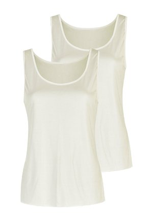 Two plain white sleeveless tank tops with scoop necklines, displayed against a white background.