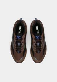 Brūna un melna Mizuno skriešanas apavu pāris ar zilu logotipu, skatots no augšas uz baltu fona.