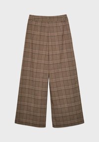 Pantalon large à carreaux marron avec une taille haute, un tissu texturé et des lignes orange contrastantes dans le motif.