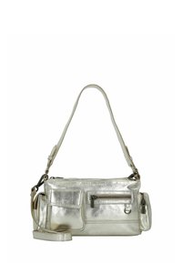 Metallisch silberne Schultertasche mit einem Hauptfach mit Reißverschluss, Front- und seitlichen Taschen sowie einem verstellbaren Riemen. Glatte Textur.
