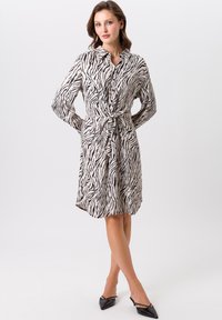 Robe chemise à boutons avec une taille ceinturée, présentant un motif rayé zèbre noir et blanc, des manches longues et une texture soyeuse.