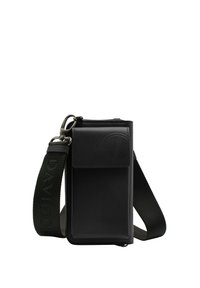Black leather crossbody bag with a zippered closure, embossed logo, and detachable strap featuring woven text. Smooth texture and compact shape.