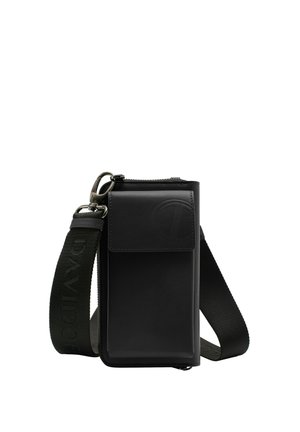 Black leather crossbody bag with a zippered closure, embossed logo, and detachable strap featuring woven text. Smooth texture and compact shape.