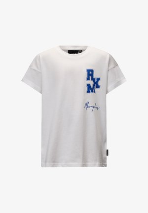 Witte katoenen T-shirt met blauwe "RKM" letters op de linkerborst en "Memphis" daaronder, korte mouwen en een ontspannen pasvorm.