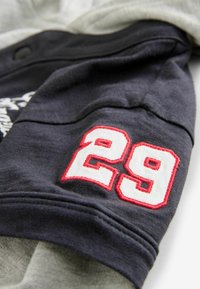 Sweatshirt en tissu bleu marine foncé et gris avec le numéro brodé "29" en rouge. Présente une texture douce et agréable au toucher, ainsi que des détails en boutons.