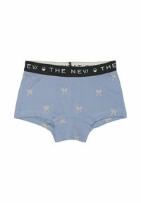 Boxeri pentru femei, de culoare bleu deschis, cu modele de fundițe bej și o talie neagră pe care se repetă textul alb "THE NEW".