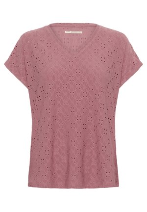 V-neck, short-sleeve top in soft mauve fabric with intricate eyelet patterns and cutout details. Relaxed fit with a textured finish.